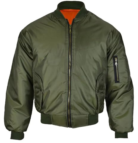 MA1 Bomber Jacket Mens Reversible Pilot Flight Coat Padded Military Air Force Lightweight Retro Biker Outerwear Brass Zip Utility Sleeve Pocket Orange Lining Green L