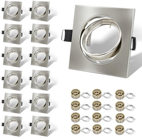 LteelDay 12x Eckig Einbaustrahler Nickel Gebürstet mit VDE GU10 Fassung | Eckiger Metall-Einbaurahmen 87x87mm, Lochmaß 68-80mm. 30° schwenkbar. Für LED/Halogen 50mm. Ohne Leuchtmittel.