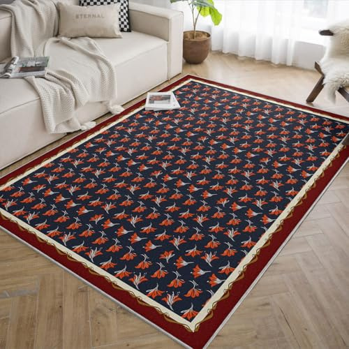 BYLEEHOMED Tappeto tradizionale a motivi floreali 200x300cm giglio ragno arancione su tappeto lavabile blu navy casa di campagna antiscivolo a pelo basso e pavimento in legno