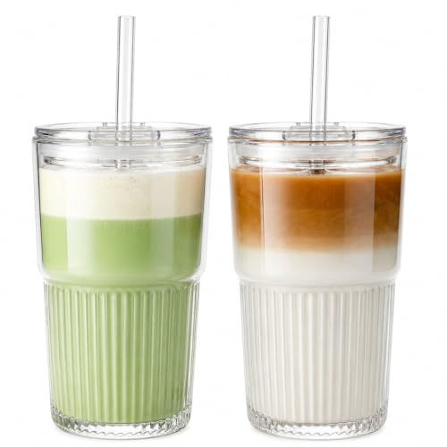 VITEVER 2er-Pack Geriffelte Glasbecher mit Deckel und Strohhalmen – 450 ml Eiskaffee-Becher, Smoothie- und Cocktail-Trinkgläser, klares Glasgeschirr für zu Hause oder fürs Café