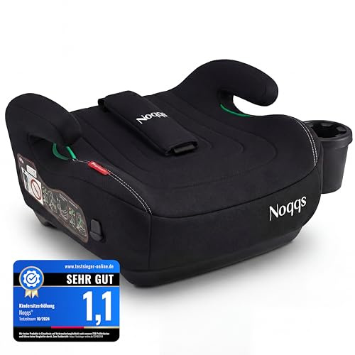 Noqqs® Premium Kindersitzerhöhung Auto ohne ISOFIX – ECE R129 i-Size 125–150 cm – extra breit & gepolstert – inkl. Gurtpolster & Getränkehalter – Schwarz