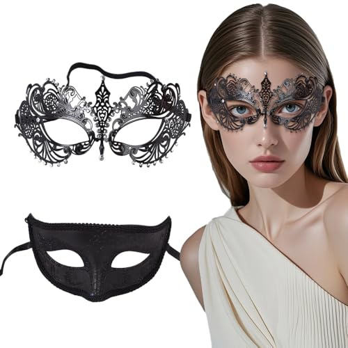 BKEPDY 2 Stück Maskerade Maske Herren und Damen Venezianische Maske Maskenball Augenmaske Metall Spitze Filigran Elegant Mysteriös Party Karneval Fasching Cosplay Hochzeit Fest