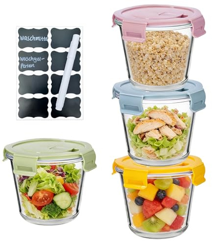 DBAATTZ 4 Recipiente de Cristal con Tapa, 4 Recipientes para Sopa, Recipientes de Vidrio de 710 ml para Almacenamiento de Alimentos, Recipientes Redondos de Vidrio para Alimentos Set, con Etiqueta