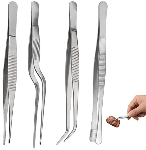 4PCS Perecision Cooking Tweezers for Chef & Kitchen Angled Tweezers,Multifunctional Stainless Steel Food Tweezers Cooking TweezersEasy Maintenance and Storag