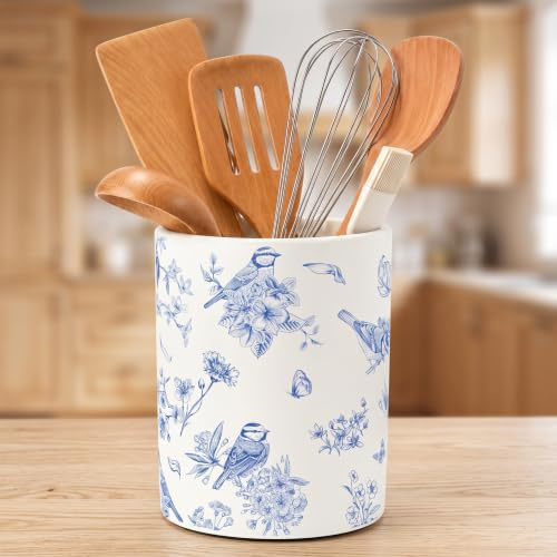 R HORSE Ceramic Utensil Holder for Kitchen Counter, Chinoiserie Floral | Flower Utensil Crock in Blue & White Porcelain Style, Kitchen Countertop Storage Organiser for Spatulas & Cutlery