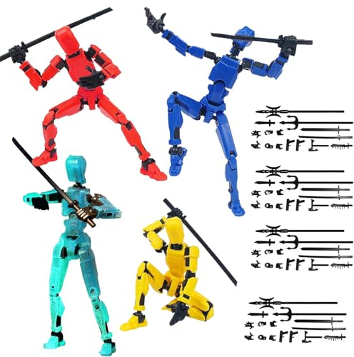DXPETA Action Figure Set, Model with Articulated Joints, Desktop Display and Animation Creation, 4 Pack with Multiple Weapons and Hand Types in Yellow Black Blue Red Glow Colours