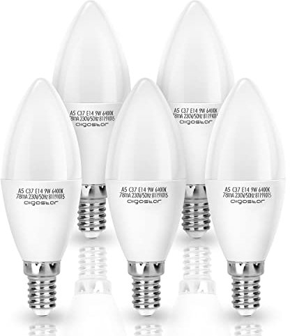 Aigostar Bombilla LED E14 9W Equivalente a 62W, Luz Fría 6500K, 840 Lúmenes, CRI＞80, C37 Vela, No regulable -5 unidades