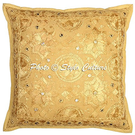 Stylo Culture Ethnicas Funda Almohadon Decorativos 40x40 cm Algodón Espejado Fundas para Almohadones Dormitorio Amarillo Ocre 16x16 Inch Bordado Cuadrado sobre Fundas para Cojines De Sofas - 1 Pc