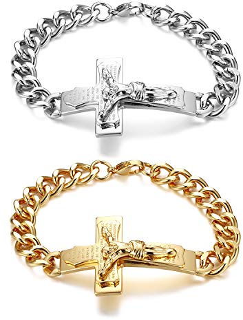 JewelryWe Schmuck Retro Herren Armband Edelstahl Kreuz Rood Jesus Kruzifix Bibel Gebet Englisch Panzerarmband Panzerkette Armkette Silber/Gold Ostern Geschenk