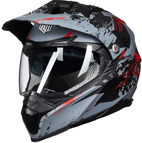 ILM Casco Moto Hombre Mujer Motocross - Casco Integral Moto Doble Visera Certificado ECE Modelo 606V,Gris Rojo,M