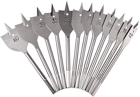 Set di punte da trapano a paletta KATUR 12 pezzi, punta da trapano per legno piatta in acciaio al carbonio, set di punte da trapano a tre punte grigio per legno (diametro 12-40mm)