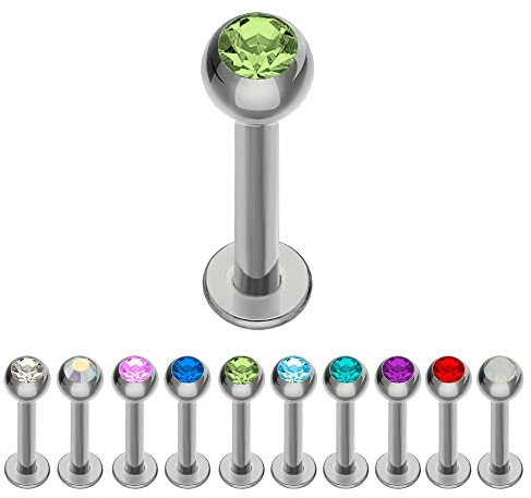Treuheld® | Silbernes TITAN LABRET PIERCING mit KRISTALL - [165.] 1.2 x 8 mm (Kugel: 4mm) - grün