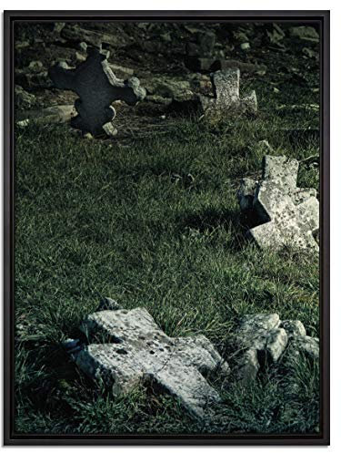 Pixxprint Friedhof schwarz weiß Leinwandbild 80x60 cm im Bilderahmen, Wandbild, Schattenfugenrahmen, Kein Poster