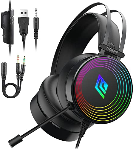 Noua Crux Rainbow Cuffie da Gaming Over-Ear da 50 mm con Microfono Flessibile Cuffie da Gioco con 3.5mm Jack e Controllo Volume Headset per PS4, PS5, PC, Mac, Laptop, Tablet