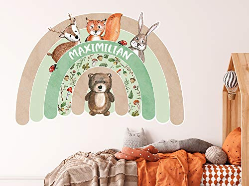 GRAZDesign Wandtattoo Regenbogen Kinderzimmer mit Namen personalisiert, Wandsticker Babyzimmer Kinder Aufkleber, Tiere Waldtiere für Jungen und Mädchen - 84x57cm