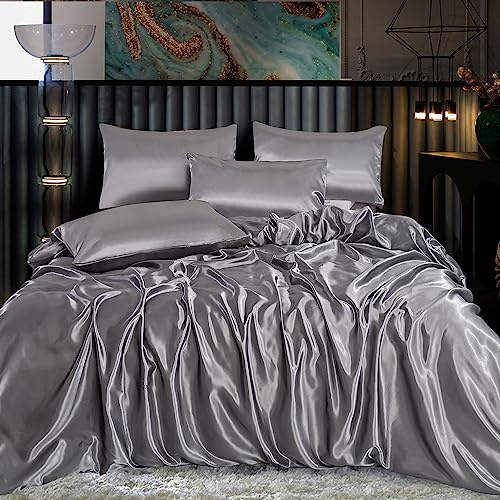 ROOEE Set completo di biancheria da letto in raso di seta, 6 pezzi, lenzuolo con angoli, copripiumino e 4 federe. Colore: argento, misura king size