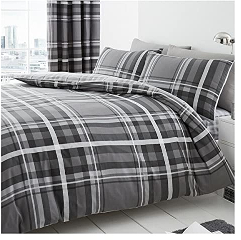 Lions Tartan Check Grey Reversible Ultra Soft Duvet Cover Sets Double Bed Size with Pillowcase, Reversible Plaid Quilt Covers, Machine Washable, 200x200cm