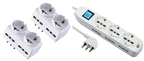 Electraline 92299 Set 2 Adattatori Multipresa 6 Posti 2 Schuko + 4 Bivalenti, Bianco & 62002 Multipresa 9 Posti, Bianco, 1.5 M