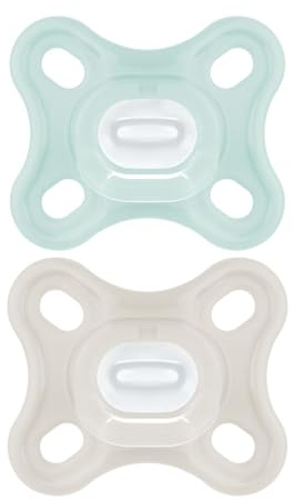 MAM Comfort - Set di 2 ciucci per bambini prematuri e neonati, 100% silicone MAM SkinSoft con scatola per lecca-lecca, colore: blu/turchese