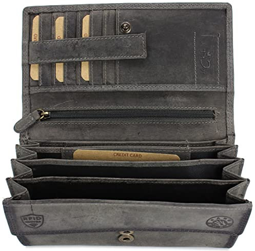 Belli hochwertige Vintage Leder Damen Geldbörse Portemonnaie langes großes Portmonee Geldbeutel aus weichem Leder in Grau - 17,5x10x4cm (B x H x T)