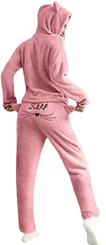 Minetom Femme Automne Hiver Ensembles de Pyjama Chaud en Polaire Douce Vêtements de Nuit Mignon Chat Deux Pièces Sweat à Capuche et Pantalons Longs