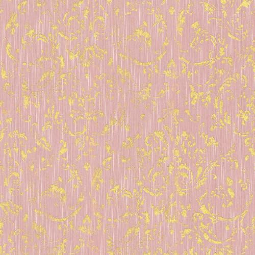 Papier peint baroque Profhome 306604-GU papier peint textile texturé au style baroque brillant rose or 5,33 m2