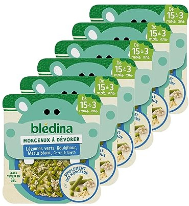 Blédina Morceaux à Dévorer avec Légumes Verts Boulghour Merlu Blanc Citron & Aneth, 6 x 200g