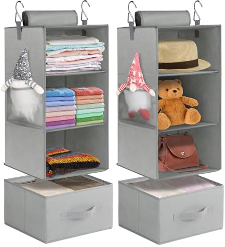 punemi 3-Shelf Hanging Closet Organizer, 2 Pack Closet Hanging Organizer with Drawers, Foldable Hanging Closet Shelves for Rv, Camper, Locker, 22.8 D x 11 W x 11 H, Grey
