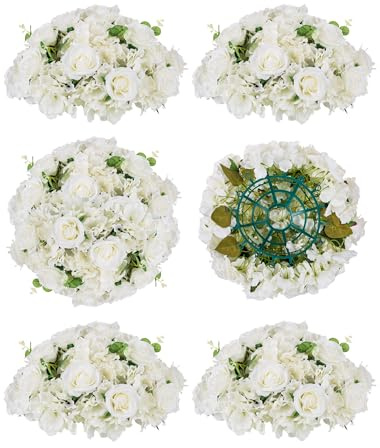 BLOSMON Wedding Flower Centerpieces Decorations: 6 Pcs 15.7 Large White Fake Rose Hydrangea Flowers Ball for Table - Artificial Silk Floral Arrangement Center Pieces for Home Party Event Decor