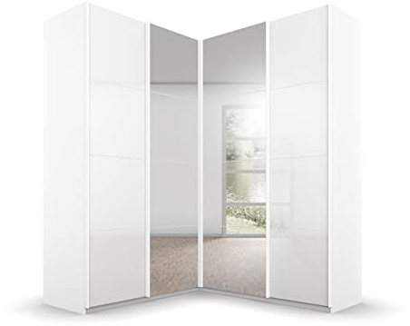 Rauch Möbel QUADRA, Eckschrank, Farbe Hochglanz Weiß/Weiß, Breite 181 cm | Eckschrank mit Schwebetüren, 4-türig, mit Spiegel, für Schlafzimmer, Gästezimmer, Ankleidezimmer, Garderobe