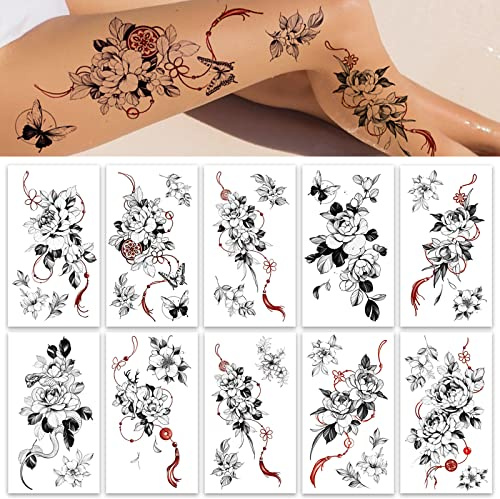 Roarhowl Großes und exquisites gefälschtes Tattoo, orientalische Elemente großer Blumen, temporäre Tattoos für Frauen, sexy 10 Designs