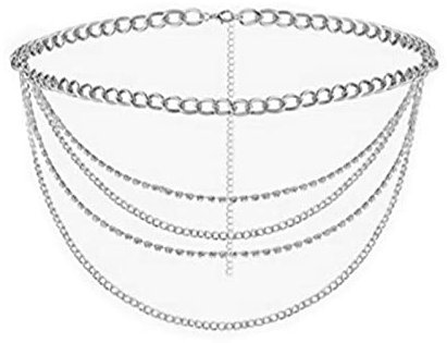 Dsnyu Multilayer Kette Silber, Taillenkette Taillengürtel Mehrschichtige Zirkonia-Quaste Karabinerverschluss Kettengürtel für Festival 90cm