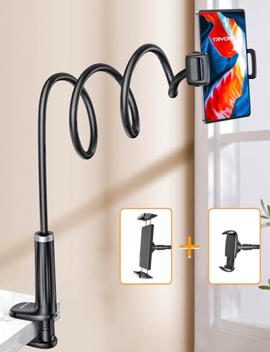 TRYONE Support de Tablette à col de Cygne - Support de téléphone Portable pour Table, Compatible avec iPad Pro 12.9 Air Mini, téléphone de 4,7 à 12,9 Pouces, Base rotative à 360° avec 2 Clips