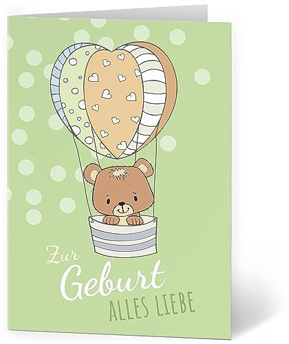 XXL Glückwunschkarte (A4) zur Geburt Bär im Ballon - hochwertige Klappkarte | Große Design Maxi Karte Grußkarte Glückwunsch mit Umschlag Geboren Baby Eltern