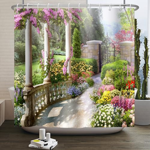 SDOTPMT Rideau de douche vintage avec crochets - 104,1 x 160 cm - Motif paysage de jardin - Style vintage - Avec crochets