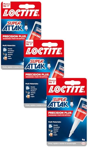 Loctite Super Attak Precision Plus, Colla liquida trasparente con beccuccio extra lungo, Colla attaccatutto forte multimateriale, Super colla resistente e precisa, 1x8g (Confezione da 3)