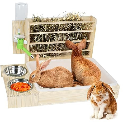 Heuraufe Kaninchen, Rabbit Hay Feeder Mit Sitzbrett Tablett Und Trinken, Hölzerner Rabbit Hay Feeder Für Kaninchen/Hasen/Meerschweinchen/Nager (B)
