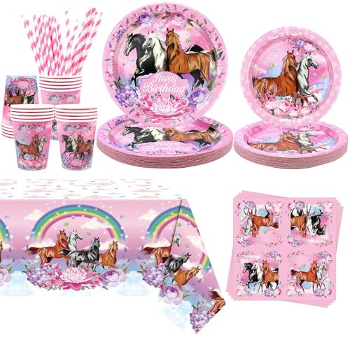 Obussgar Decoraciones para Fiestas Temáticas de Caballo Rosa, Suministros para Fiestas Temáticas de Caballos de Dibujos Animados Incluye Platos, Tazas, Paños, Manteles, Niñas para 20 Personas (20)