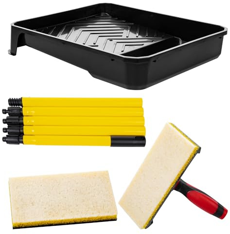 ASAB Paint Pad Applicator Set for Walls and Ceilings with Extension Pole Handle Lock Adjustment Sturdy Tray with Grooves Paint Pad for Fence Painting Decorating Comfortable Grip Decking Oil Applicator