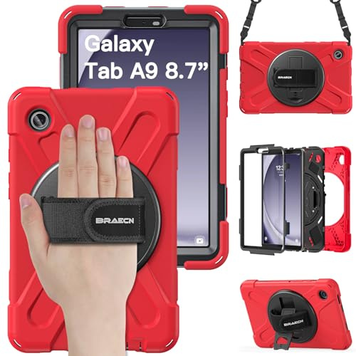 BRAECN Coque pour Galaxy Tab A9 - Coque Tablette Samsung Tab a9 8.7 2023 | Coque anti choc, avec dragonne, bandoulière réglable et support pivotante 360° – robuste, renforcée, travail/outdoor, Rouge