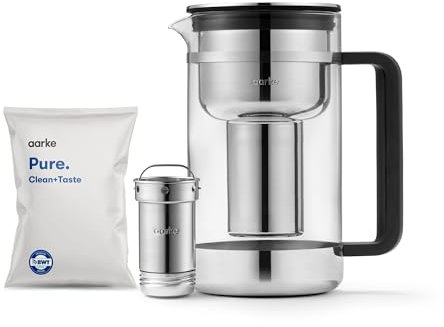 Aarke Purifier Large, jarra filtrante de agua en vidrio y acero inoxidable, 1,7 L / 7 tazas, incluye bolsa de recarga de filtro Pure Aarke