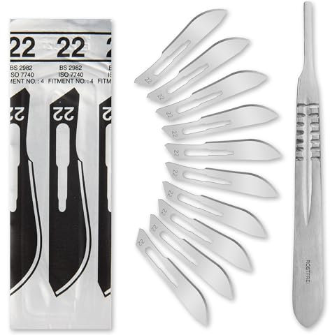 Lot de 10 lames de scalpel figure 22 en acier au carbone – Lames de rechange emballées individuellement stériles + 1 support de scalpel – Acier inoxydable