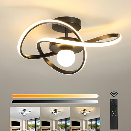 KZT LED Deckenleuchte Dimmbar 55CM Moderne Deckenlampe mit Fernbedienung 44W Schwarz Schlafzimmerlampe 2 Ringe Kreative Design Deckenbeleuchtung für Wohnzimmer Flur Küche Balkon Esszimmerlampe