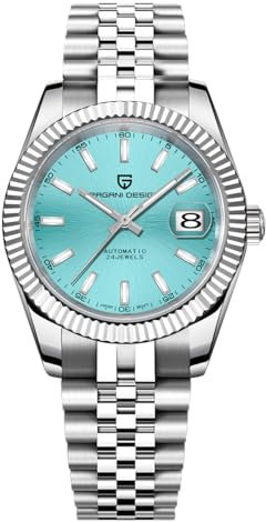 Pagani Design Herren-Automatikuhr Mechanisches Uhrwerk Verschraubte Krone Wasserdicht bis 100 Meter Edelstahlgehäuse Saphirglas Zifferblatt 21 Juwelen Gelbgold Luxusuhr PD 1645(Himmelblau)