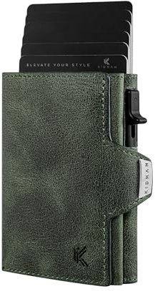 KIDMAN Icarus I Echtleder Slim Wallet mit Alucase und Münzfach I großes Scheinfach I Kleines Portemonnaie für Herren mit RFID I Mini Geldbörse für Männer I Kartenetui für bis zu 8 Karten I Grün