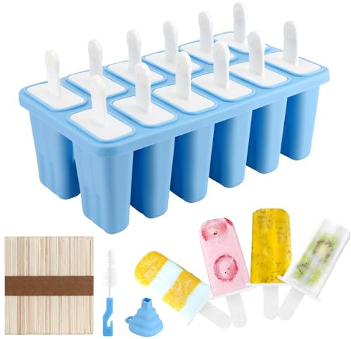 Auauraintt Eisformen Silikon, 12 Stück Popsicle Formen Set, Wiederverwendbar DIY Eis am Stiel Formen, BPA-Freie Eisformen für Kinder, Eisformen Eis am Stiel Silikon mit Holzstab und Deckel, Hellblau