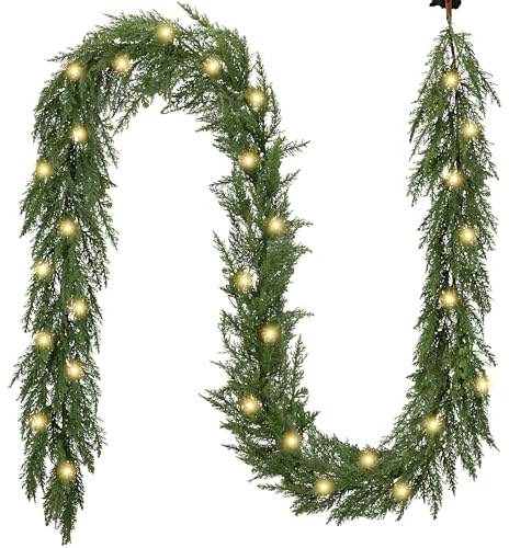 Valery Madelyn 9 Ft Artificial Norfolk Pine Garland for Mantle, Real Tough Christmas Cedar Garland with Light, Lighted Winter Pine Branches for Home Stairs Fireplace Table Indoor Outdoor Holiday Decor