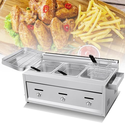 Friteuse à gaz, 16L/24L, acier inoxydable, Professionnelle Friteuse à Gaz Avec Panier Et Couvercle, pour Frites au Poulet Friteuse à gaz de Cuisine à Domicile Commerciale,8Lx3