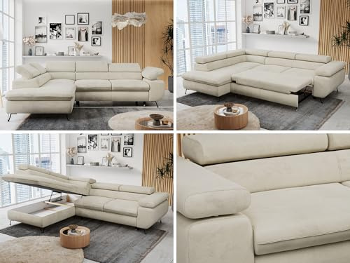 MKS MEBLE Ecksofa Wohnlandschaft L-Form mit Schlaffunktion und Bettkasten, Schlafsofa mit Bettkasten, Sofa mit Einstellbare Kopfstützen, Peter L - Velvet - Links Beige