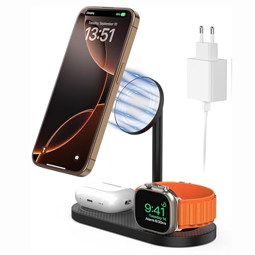 KU XIU X23 Pro 3 in 1 Magnetischen Induktive Ladestation für iPhone | Aluminiumlegierung Ladegerät Kompatibel mit iPhone 17/16/15/14/13/12, für AirPods und Apple Watch mit 35W Fast Adapter